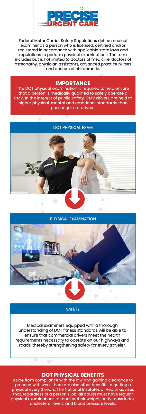 DOT Physicals are mandatory medical exams required for commercial drivers to ensure they meet the health standards set by the Federal Motor Carrier Safety Administration (FMCSA). At Precise Urgent Care in Livingston, TX, Board-Certified Dr. Rajan Popat, MD, and our team provide thorough and efficient DOT physicals to help drivers meet the necessary requirements for their commercial driver’s license (CDL). Trust Precise Urgent Care for fast, reliable DOT physicals and timely certification. For more information, contact us or online check-in. We are conveniently located at 1501 W Church St, #800 Livingston, TX 77351.