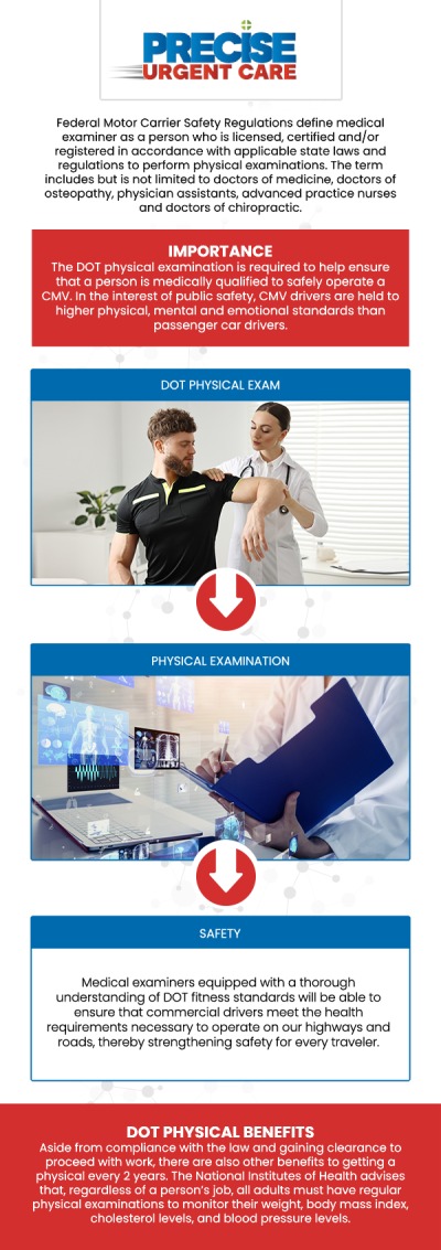 DOT Physicals are mandatory medical exams required for commercial drivers to ensure they meet the health standards set by the Federal Motor Carrier Safety Administration (FMCSA). At Precise Urgent Care in Livingston, TX, Board-Certified Dr. Rajan Popat, MD, and our team provide thorough and efficient DOT physicals to help drivers meet the necessary requirements for their commercial driver’s license (CDL). Trust Precise Urgent Care for fast, reliable DOT physicals and timely certification. For more information, contact us or online check-in. We are conveniently located at 1501 W Church St, #800 Livingston, TX 77351.