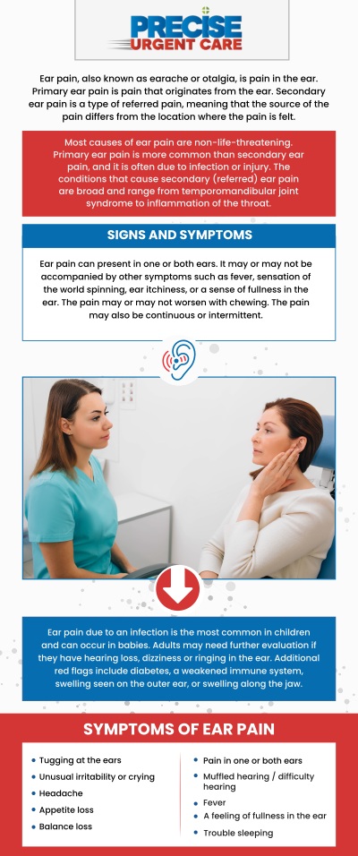 Common questions asked by patients: What causes ear pain? What are the signs of an ear infection? When should I see a doctor for ear pain? How long does ear pain last? Can ear pain affect hearing? Can ear wax cause ear pain?
At Precise Urgent Care in Livingston, TX, Board-Certified Dr. Rajan Popat, MD, and our team provide prompt diagnosis and relief for acute ear pain. We perform thorough examinations to identify infections, inflammation, or injuries and provide the necessary medications to ease your discomfort. Visit our clinic for compassionate care that protects your hearing and gets you back to feeling your best. For more information, contact us or online check-in. We are conveniently located at 1501 W Church St, #800 Livingston, TX 77351. We serve patients from Livingston TX, West Livingston TX, West Tempe TX, Leggett TX, Onalaska TX and surrounding areas.
