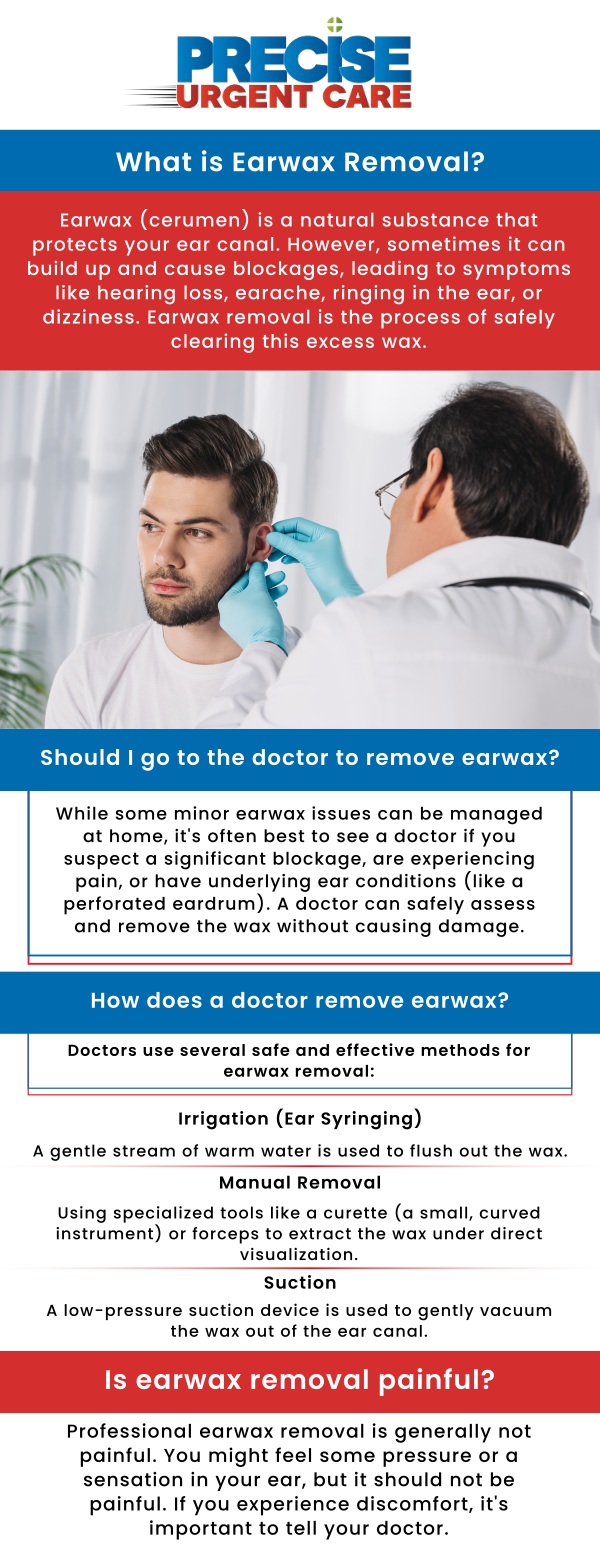 Ear Wax Removal is a safe and effective procedure used to clear excess wax from the ear canal, relieving discomfort, muffled hearing, or pain caused by buildup. At Precise Urgent Care in Livingston, TX, Board-Certified Dr. Rajan Popat, MD, and his team use gentle irrigation or specialized tools to ensure a thorough and safe removal process. With years of experience in emergency medicine, Dr. Popat provides careful attention, ensuring your comfort and a quick recovery, helping restore clear hearing and overall ear health. For more information, contact us or online check-in. We are conveniently located at 1501 W Church St, #800 Livingston, TX 77351.