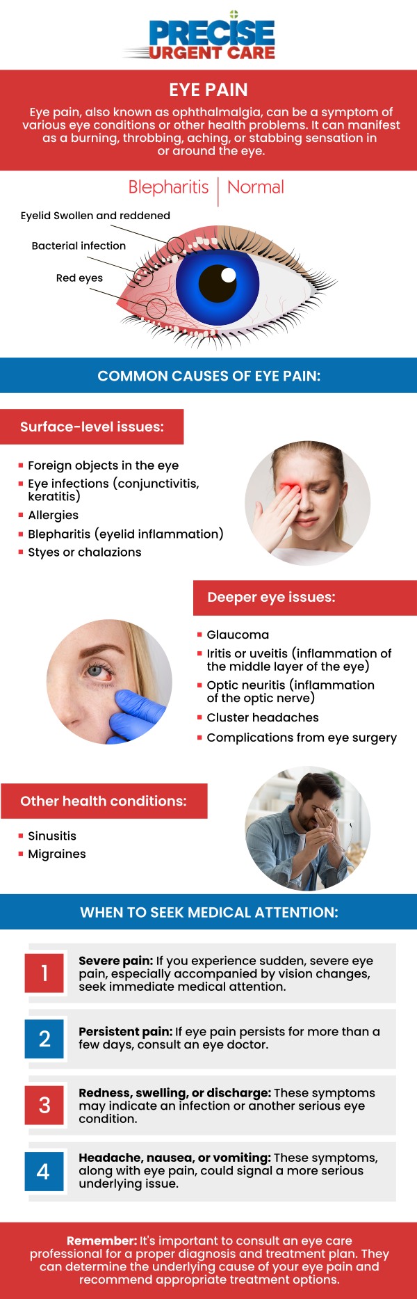 Common questions asked by patients: What are the common causes of eye pain? When should I seek urgent care for eye pain? What are the common symptoms of an eye infection? How do doctors diagnose the cause of eye pain? At Precise Urgent Care in Houston, TX, Board-Certified Dr. Rajan Popat, MD, and our team provide prompt evaluation and treatment for eye pain, redness, and irritation. Visit our clinic for compassionate care and the necessary medications to resolve your discomfort and prevent further complications. For more information, contact us or online check-in. We are conveniently located at 22545 State Highway 249 Suite 130, Houston, TX 77070. We serve patients from Houston TX, Klein TX, Jersey Village TX, Willowbrook TX, Cypress TX, Tomball TX, and surrounding areas. Common questions asked by patients: What are the common causes of eye pain? When should I seek urgent care for eye pain? What are the common symptoms of an eye infection? How do doctors diagnose the cause of eye pain?
At Precise Urgent Care in Houston, TX, Board-Certified Dr. Rajan Popat, MD, and our team provide prompt evaluation and treatment for eye pain, redness, and irritation. Visit our clinic for compassionate care and the necessary medications to resolve your discomfort and prevent further complications. For more information, contact us or online check-in. We are conveniently located at 22545 State Highway 249 Suite 130, Houston, TX 77070. We serve patients from Houston TX, Klein TX, Jersey Village TX, Willowbrook TX, Cypress TX, Tomball TX, and surrounding areas.