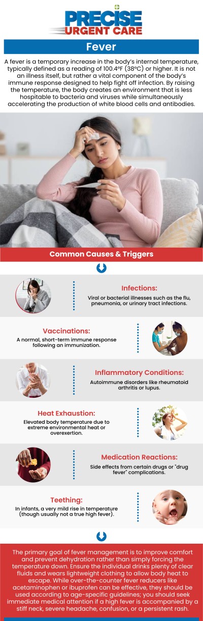 Common questions asked by patients: What causes a fever? Can I walk in for fever treatment without an appointment? When should I seek medical attention for a fever? How long does a fever usually last? How does urgent care treat high fevers? At Precise Urgent Care in Livingston, TX, Board-Certified Dr. Rajan Popat, MD, and our team provide rapid evaluation and treatment for persistent or high fevers. We utilize on-site diagnostics to identify the underlying cause, whether viral or bacterial, and provide the necessary medications to reduce your temperature safely. For more information, contact us or online check-in. We are conveniently located at 1501 W Church St, #800 Livingston, TX 77351. We serve patients from Livingston TX, West Livingston TX, West Tempe TX, Leggett TX, Onalaska TX and surrounding areas. Common questions asked by patients: What causes a fever? Can I walk in for fever treatment without an appointment? When should I seek medical attention for a fever? How long does a fever usually last? How does urgent care treat high fevers?
At Precise Urgent Care in Livingston, TX, Board-Certified Dr. Rajan Popat, MD, and our team provide rapid evaluation and treatment for persistent or high fevers. We utilize on-site diagnostics to identify the underlying cause, whether viral or bacterial, and provide the necessary medications to reduce your temperature safely. For more information, contact us or online check-in. We are conveniently located at 1501 W Church St, #800 Livingston, TX 77351. We serve patients from Livingston TX, West Livingston TX, West Tempe TX, Leggett TX, Onalaska TX and surrounding areas.