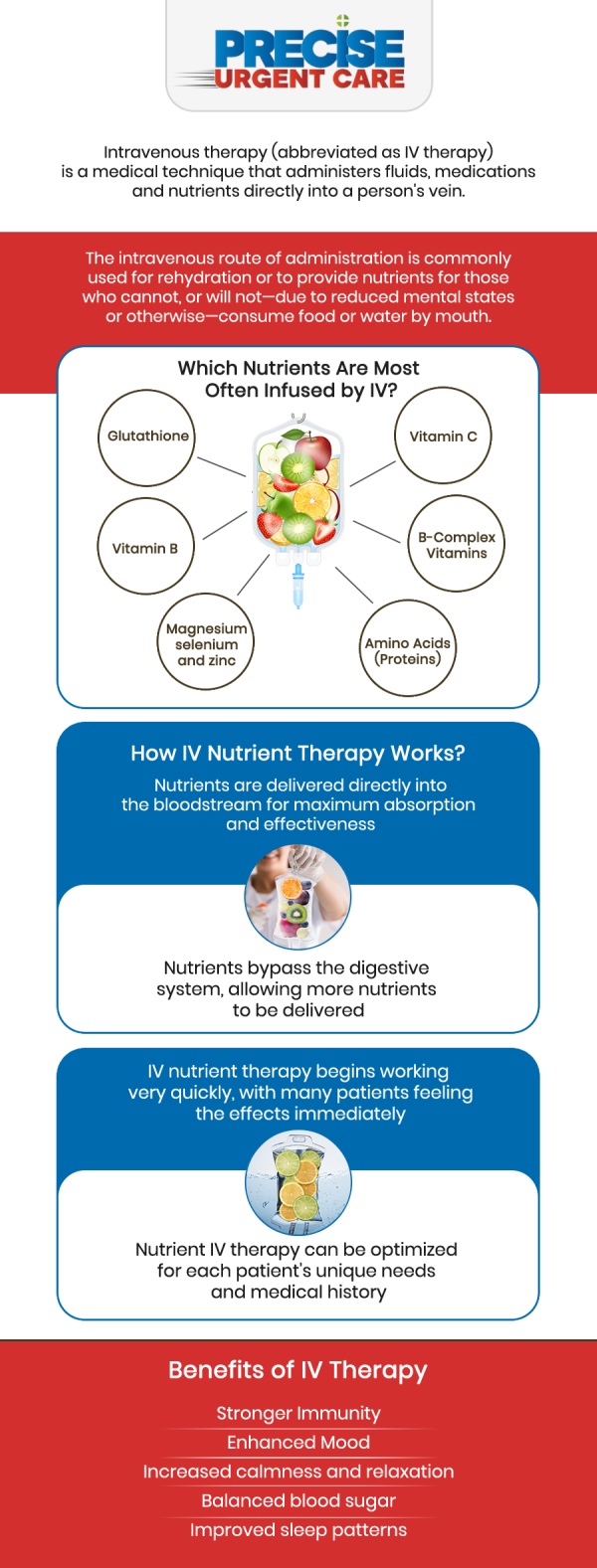 IV therapy at Precise Urgent Care in Livingston, TX, offers a fast and effective way to boost hydration, energy, and overall wellness. Under the care of Board-Certified Dr. Rajan Popat, MD, we provide personalized treatments tailored to your specific needs, including vitamin infusions and rehydration. Experience quick, efficient relief and rejuvenation with our professional IV therapy services. For more information, contact us or online check-in. We are conveniently located at 1501 W Church St, #800 Livingston, TX 77351.
