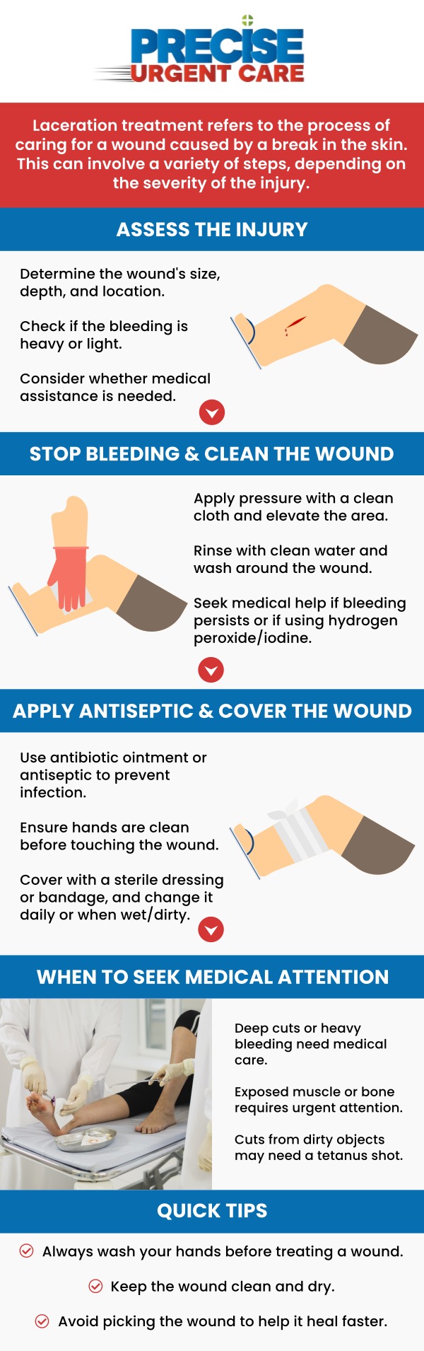 Common questions asked by patients: Can urgent care treat laceration? What is the first aid treatment for a laceration? How to heal a laceration quickly? Should I go to urgent care for a skin laceration? What happens if a laceration isn’t treated properly?
At Precise Urgent Care, Board-Certified Dr. Rajan Popat, MD, and our team provide repair for minor to moderate lacerations and deep cuts. Visit our clinic for immediate wound cleaning, tetanus updates, and professional care to prevent infection and promote fast healing. For more information, contact us or online check-in. We are conveniently located at 1501 W Church St, #800 Livingston, TX 77351. We serve patients from Livingston TX, West Livingston TX, West Tempe TX, Leggett TX, Onalaska TX and surrounding areas.