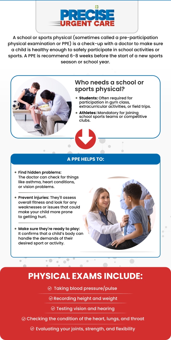 Sports Physicals at Precise Urgent Care in Houston, TX, are designed to assess an athlete's overall health and readiness for physical activity. Under the care of Board-Certified Dr. Rajan Popat, MD, we provide comprehensive evaluations to ensure that athletes are fit to safely participate in sports. Sports physicals include a medical history review, physical exam, and any necessary tests, helping to prevent injuries and ensure optimal performance. For more information, contact us or online check-in. We are conveniently located at 22545 State Highway 249 Suite 130, Houston, TX 77070.