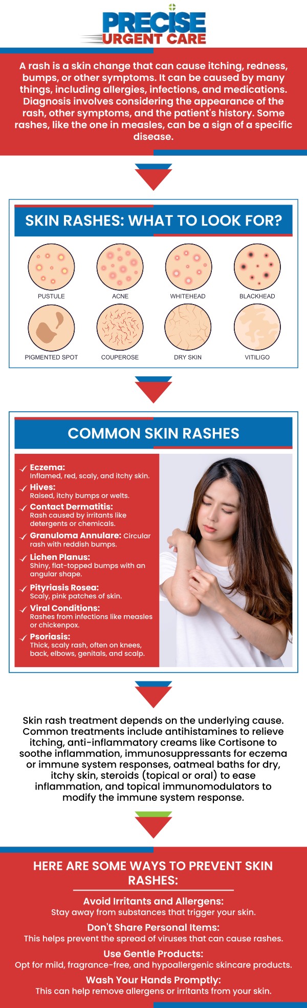 Common questions asked by patients: What causes rashes on the skin? What are the common symptoms associated with a rash? Can rashes be contagious? How long does it take for a rash to heal? How do doctors treat rashes caused by infections? Should I visit urgent care for a rash? At Precise Urgent Care, Board-Certified Dr. Rajan Popat, MD, provides diagnosis and treatment for a wide variety of skin rashes and allergic reactions. Our medical team identifies the underlying cause of your skin irritation—whether from environmental triggers, infections, or heat—to provide fast and effective relief. For more information, contact us or online check-in. We are conveniently located at 22545 State Highway 249 Suite 130, Houston, TX 77070. We serve patients from Houston TX, Klein TX, Jersey Village TX, Willowbrook TX, Cypress TX, Tomball TX, and surrounding areas. Common questions asked by patients: What causes rashes on the skin? What are the common symptoms associated with a rash? Can rashes be contagious? How long does it take for a rash to heal? How do doctors treat rashes caused by infections? Should I visit urgent care for a rash?
At Precise Urgent Care, Board-Certified Dr. Rajan Popat, MD, provides diagnosis and treatment for a wide variety of skin rashes and allergic reactions. Our medical team identifies the underlying cause of your skin irritation—whether from environmental triggers, infections, or heat—to provide fast and effective relief. For more information, contact us or online check-in. We are conveniently located at 22545 State Highway 249 Suite 130, Houston, TX 77070. We serve patients from Houston TX, Klein TX, Jersey Village TX, Willowbrook TX, Cypress TX, Tomball TX, and surrounding areas.