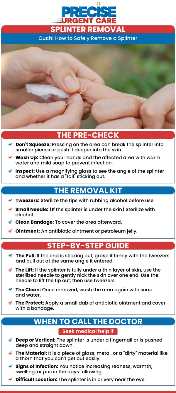 Common questions asked by patients: What should I do if I get a fish hook stuck in my skin? When should I seek medical help for a fish hook or splinter removal? Can a fish hook cause infection if not removed properly? How do doctors safely remove fish hooks or splinters in urgent care?
At Precise Urgent Care in Houston, TX, Board-Certified Dr. Rajan Popat, MD, and our team provide safe and sterile removal of fish hooks and deeply embedded splinters. Visit us for prompt treatment, including wound cleaning and necessary tetanus updates, to prevent infection and ensure proper healing. For more information, contact us or online check-in. We are conveniently located at 22545 State Highway 249 Suite 130, Houston, TX 77070. We serve patients from Houston TX, Klein TX, Jersey Village TX, Willowbrook TX, Cypress TX, Tomball TX, and surrounding areas.