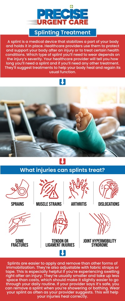 Common questions asked by patients: What is splinting, and when is it needed? How long should a splint be worn? How is a splint applied to an injury? Can splints help with fractures and dislocations? When should I see a doctor after receiving a splint? At Precise Urgent Care, Board-Certified Dr. Rajan Popat, MD, provides professional splinting services to stabilize fractures, sprains, and strains. Our team applies custom-fitted splints to reduce pain, prevent further injury, and support the natural healing process of your limbs. Visit our walk-in clinics for immediate orthopedic stabilization and guidance on managing your recovery effectively. For more information, contact us or online check-in. We are conveniently located at 22545 State Highway 249 Suite 130, Houston, TX 77070. We serve patients from Houston TX, Klein TX, Jersey Village TX, Willowbrook TX, Cypress TX, Tomball TX, and surrounding areas. Common questions asked by patients: What is splinting, and when is it needed? How long should a splint be worn? How is a splint applied to an injury? Can splints help with fractures and dislocations? When should I see a doctor after receiving a splint?
At Precise Urgent Care, Board-Certified Dr. Rajan Popat, MD, provides professional splinting services to stabilize fractures, sprains, and strains. Our team applies custom-fitted splints to reduce pain, prevent further injury, and support the natural healing process of your limbs. Visit our walk-in clinics for immediate orthopedic stabilization and guidance on managing your recovery effectively. For more information, contact us or online check-in. We are conveniently located at 22545 State Highway 249 Suite 130, Houston, TX 77070. We serve patients from Houston TX, Klein TX, Jersey Village TX, Willowbrook TX, Cypress TX, Tomball TX, and surrounding areas.