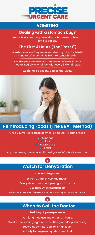 Common questions asked by patients: What causes vomiting? How do I stop vomiting fast? When should I seek medical help for vomiting? What are the symptoms that accompany vomiting? Can vomiting be a sign of a serious condition? How long should vomiting last before I see a doctor? At Precise Urgent Care in Livingston, TX, Board-Certified Dr. Rajan Popat, MD, provides prompt evaluation and treatment for persistent vomiting and related dehydration. Our clinical team utilizes on-site diagnostic tools to identify the underlying cause, whether it stems from viral infections, food poisoning, or other acute conditions. For more information, contact us or online check-in. We are conveniently located at 1501 W Church St, #800 Livingston, TX 77351. We serve patients from Livingston TX, West Livingston TX, West Tempe TX, Leggett TX, Onalaska TX and surrounding areas. Common questions asked by patients: What causes vomiting? How do I stop vomiting fast? When should I seek medical help for vomiting? What are the symptoms that accompany vomiting? Can vomiting be a sign of a serious condition? How long should vomiting last before I see a doctor?
At Precise Urgent Care in Livingston, TX, Board-Certified Dr. Rajan Popat, MD, provides prompt evaluation and treatment for persistent vomiting and related dehydration. Our clinical team utilizes on-site diagnostic tools to identify the underlying cause, whether it stems from viral infections, food poisoning, or other acute conditions. For more information, contact us or online check-in. We are conveniently located at 1501 W Church St, #800 Livingston, TX 77351. We serve patients from Livingston TX, West Livingston TX, West Tempe TX, Leggett TX, Onalaska TX and surrounding areas.